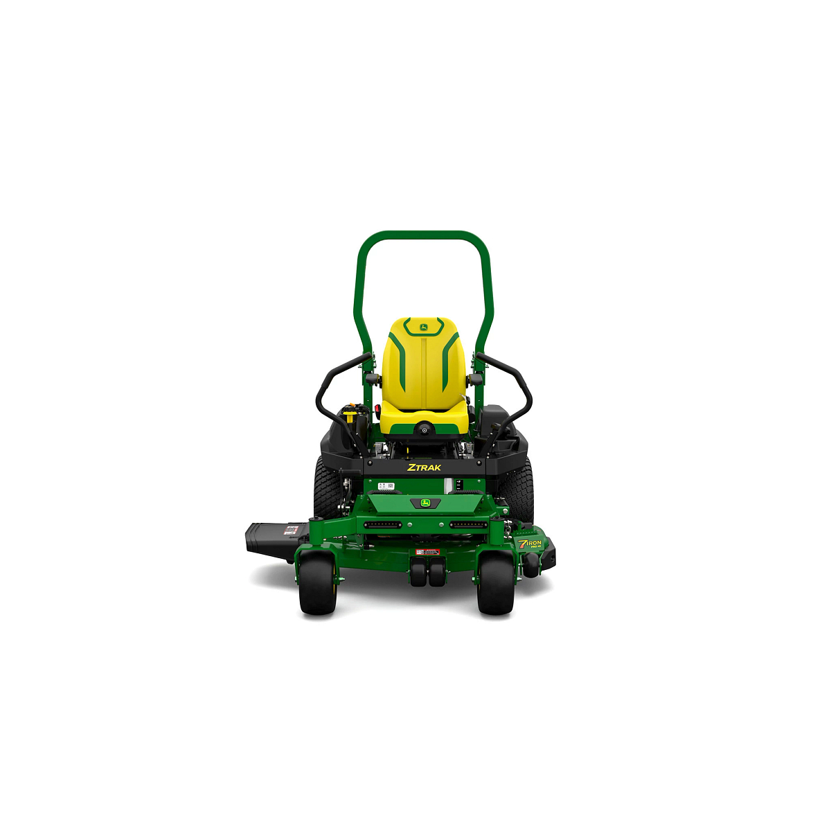 A front-facing studio shot of a green zero-turn mower on a white background.