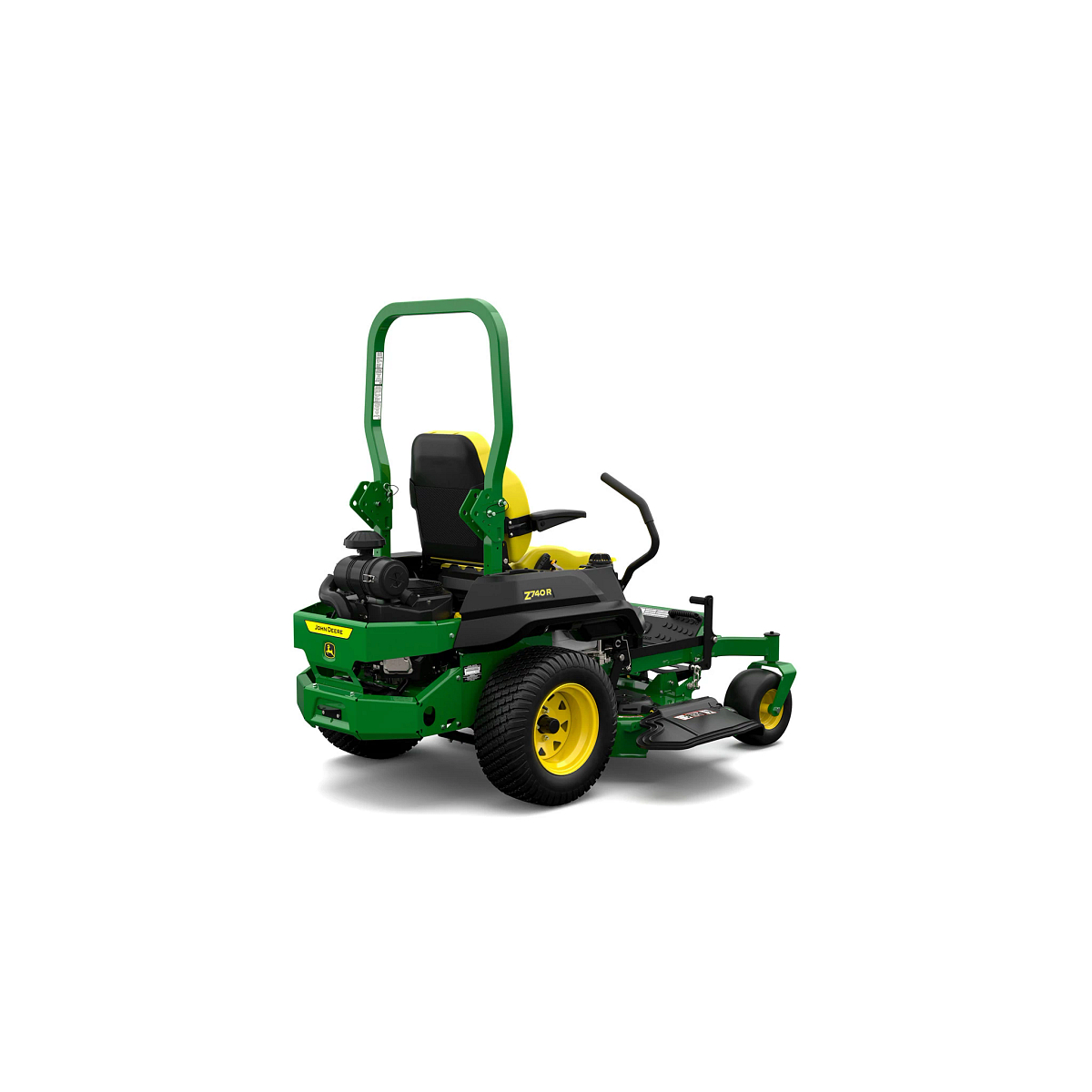 A rear-right-facing studio shot of a green zero-turn mower on a white background.