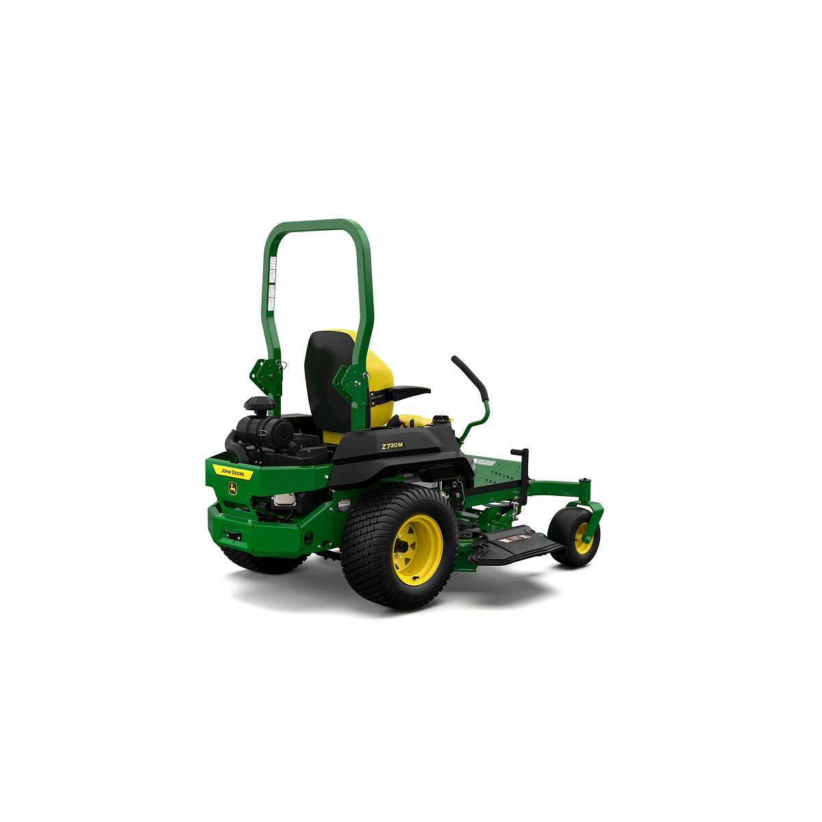 A rear-right-facing studio shot of a green zero-turn mower on a white background.