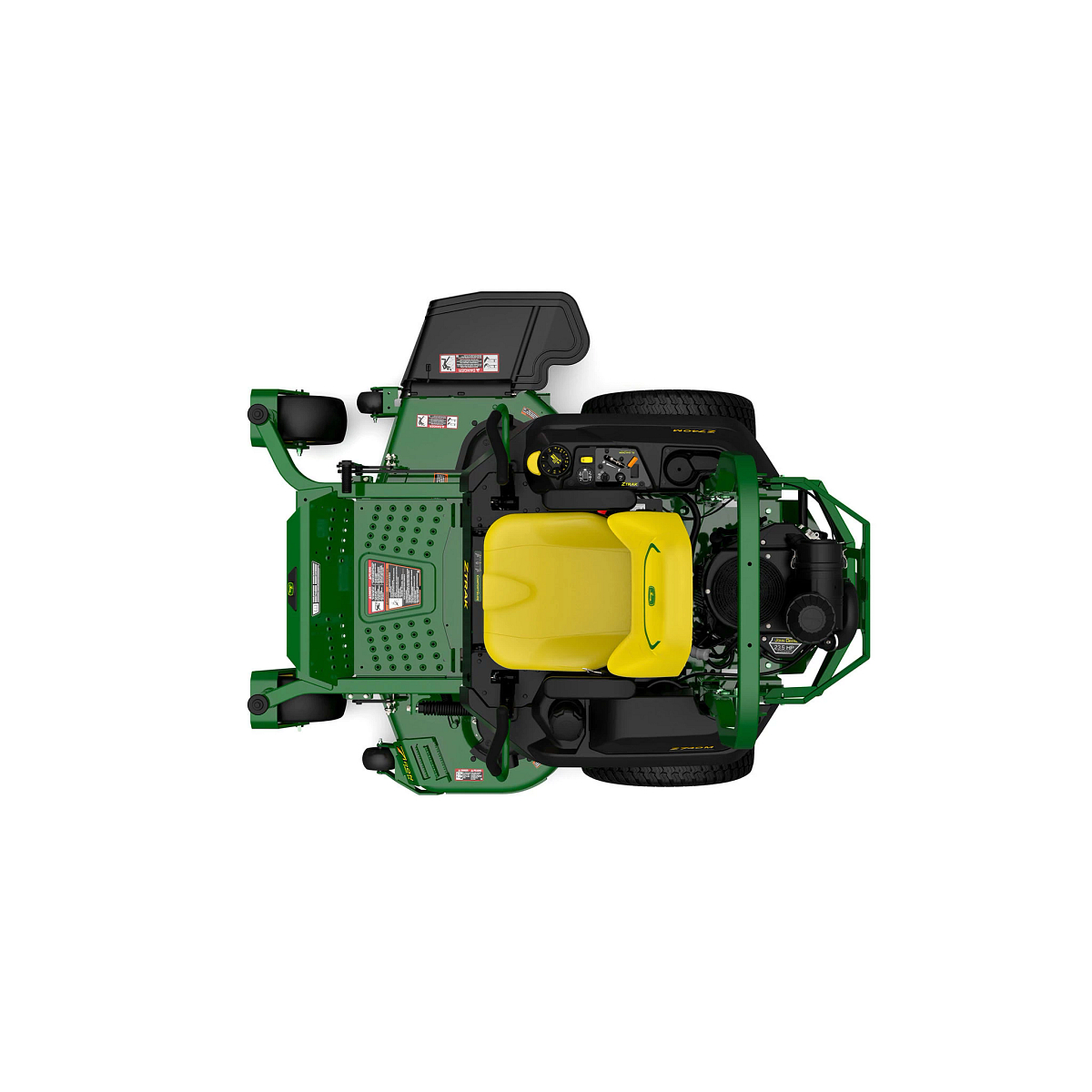 A top-down studio shot of a green zero-turn mower on a white background.