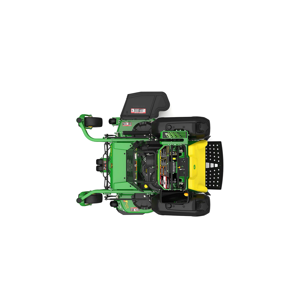 A front-left-facing studio shot of a green stand-on mower on a white background.