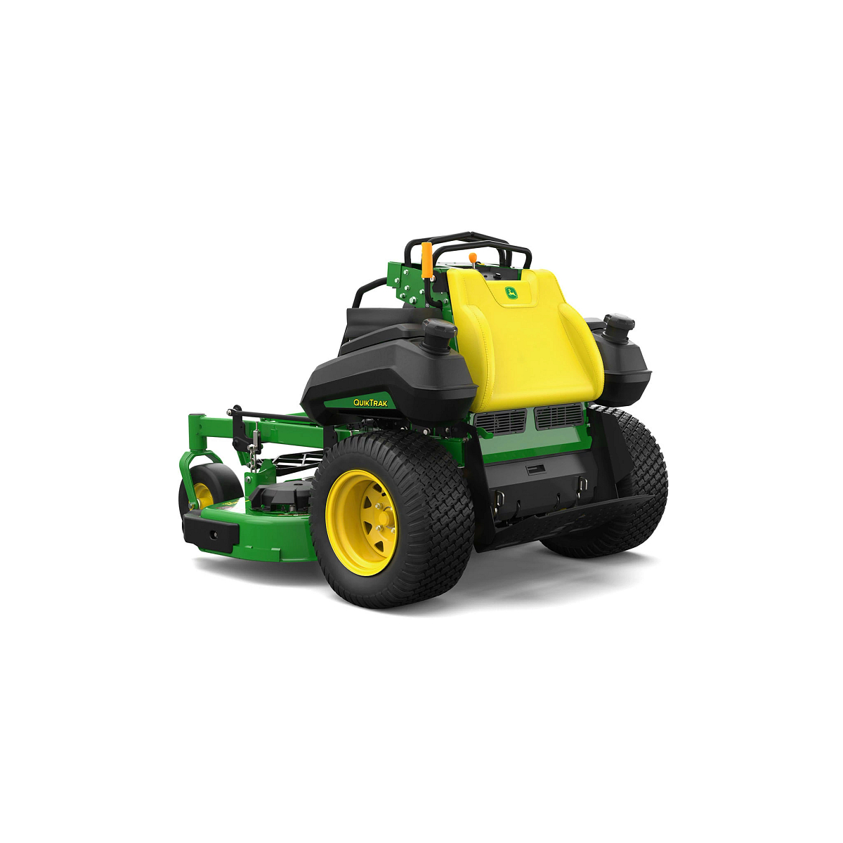 A front-left-facing studio shot of a green stand-on mower on a white background.