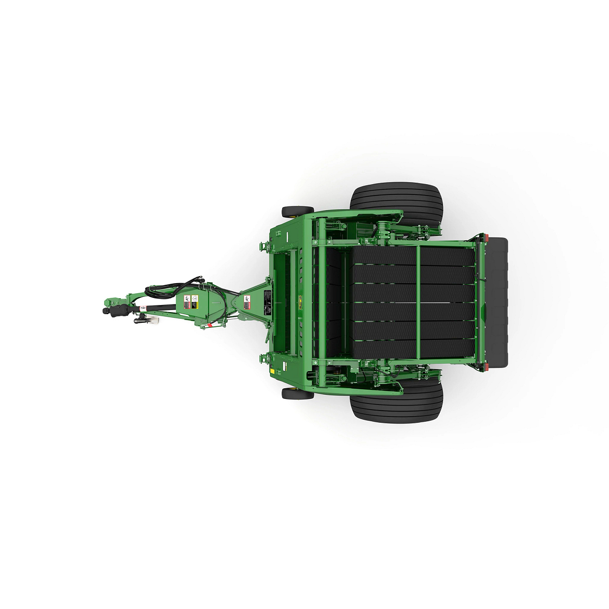 Studio rendering of 461M round baler top view on a white background, showing the tow hitch, bale chamber belts, large rear tires, and machine frame layout