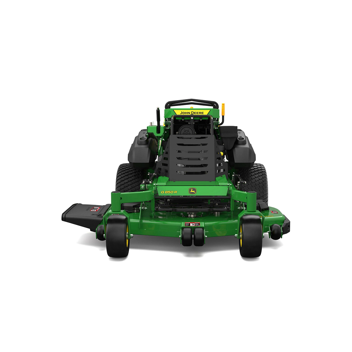 A front-left-facing studio shot of a green stand-on mower on a white background.