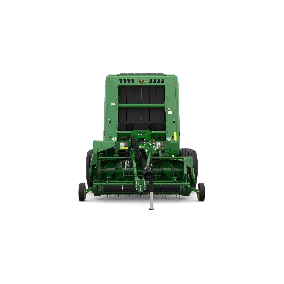 Studio rendering of 461R round baler shown from the front on a white background, featuring a green body, yellow wheels, wide pickup assembly, bale chamber opening, PTO driveline, and front tow hitch