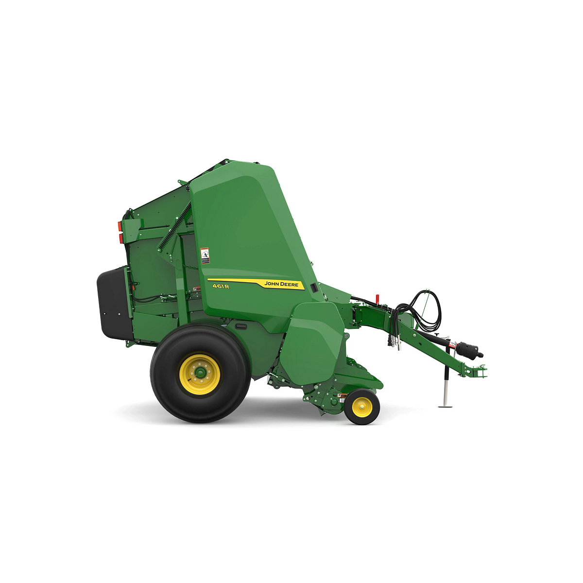 Studio rendering of 461R round baler shown in right-side profile on a white background, featuring a green body, yellow wheels, enclosed pickup assembly, rear bale chamber, hydraulic hoses, and front tow hitch