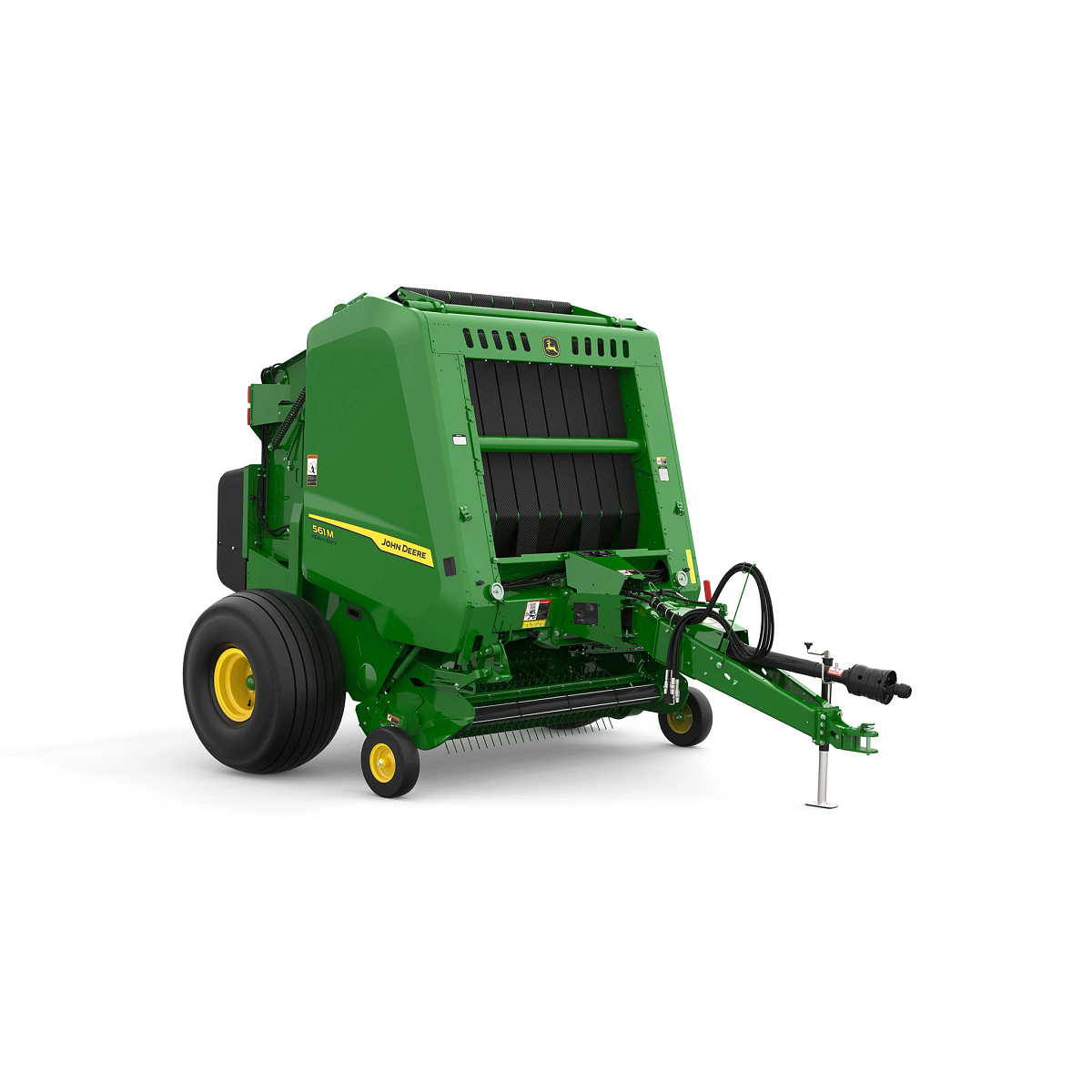 Studio rendering of 561M round baler shown from a front three-quarter angle on a white background, featuring a green body, yellow wheels, open pickup assembly, visible bale chamber belts, hydraulic hoses, PTO driveline, and front tow hitch