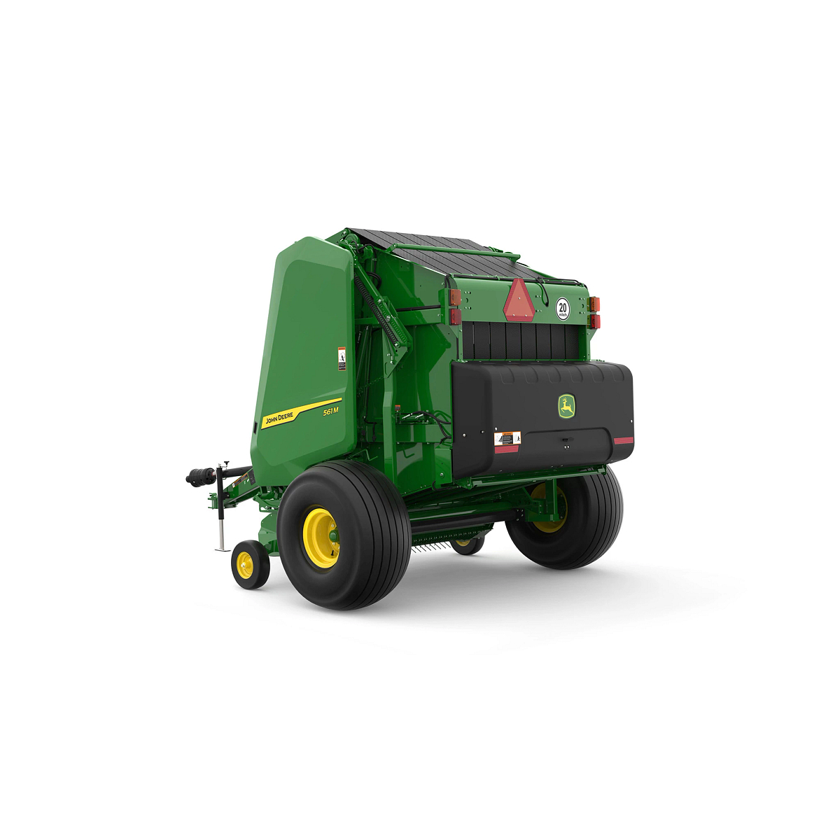 Studio rendering of 561M round baler shown from a rear three-quarter angle on a white background, featuring a green body, yellow wheels, rear compartment with John Deere logo, safety reflector, visible bale chamber belts, and enclosed pickup assembly