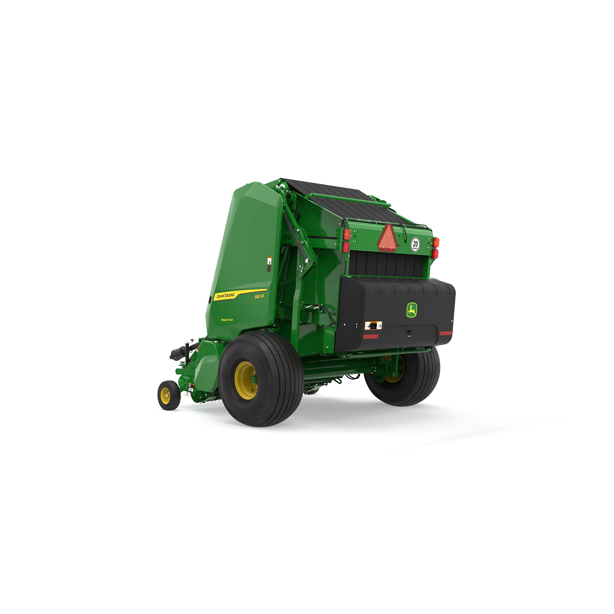 Rear three-quarter view of a John Deere 561R round baler with Precutter, featuring a green body, yellow wheels, rear safety markings, and black bale discharge panel on a white background
