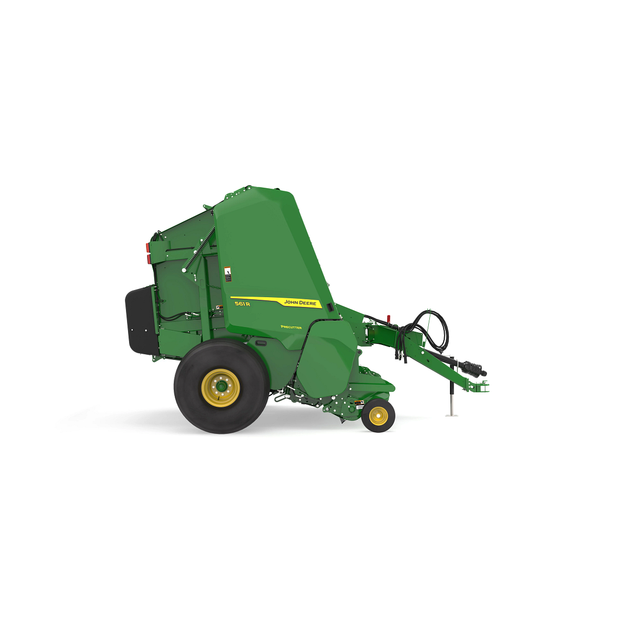John Deere 561R round baler with Precutter attachment, shown in side profile on a white background, featuring a green body, yellow branding stripe, large rear tire, and front hitch assembly