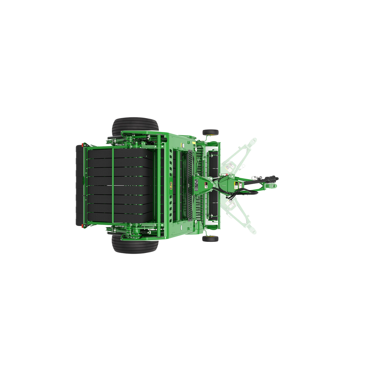 Top-down view of a John Deere 561R round baler with Precutter, showing the hitch, pickup assembly, bale chamber belts, large transport wheels, and green frame on a white background