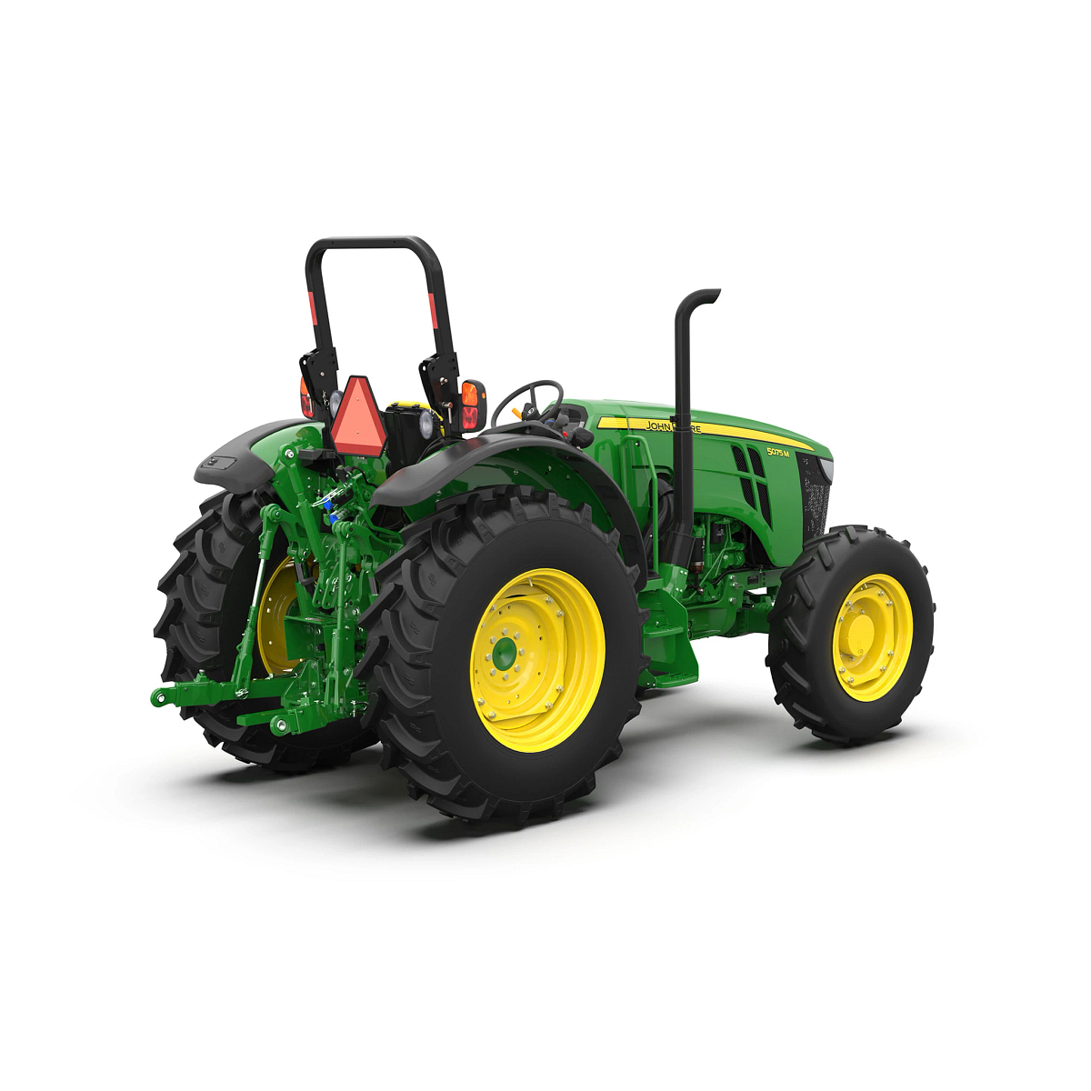 Studio image with right rear view of 5075M utility tractor.