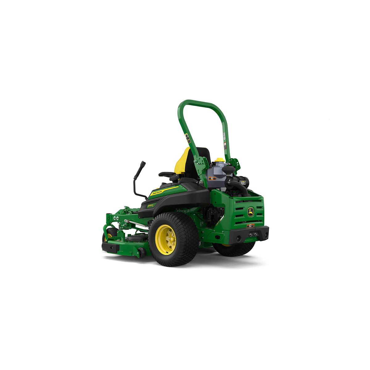 A rear-left-facing studio shot of a green zero-turn mower with a yellow seat on a white background.