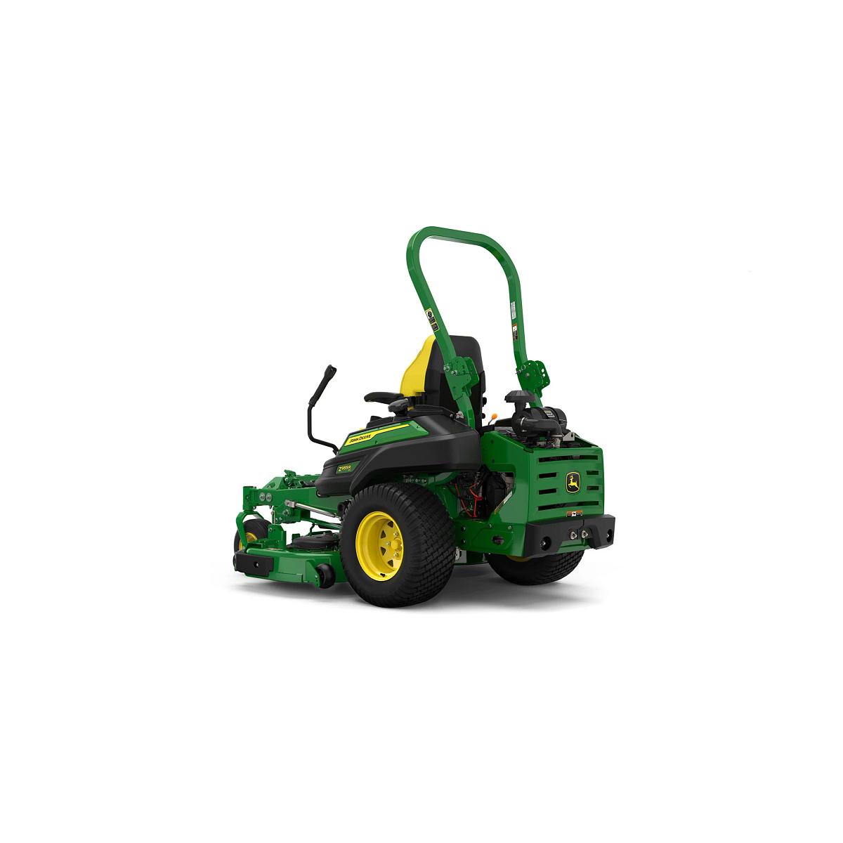 A rear-left-facing studio shot of a green zero-turn mower with a yellow seat on a white background.