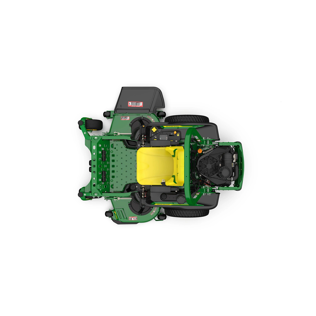 A top-down-facing studio shot of a green zero-turn mower with a yellow seat on a white background.