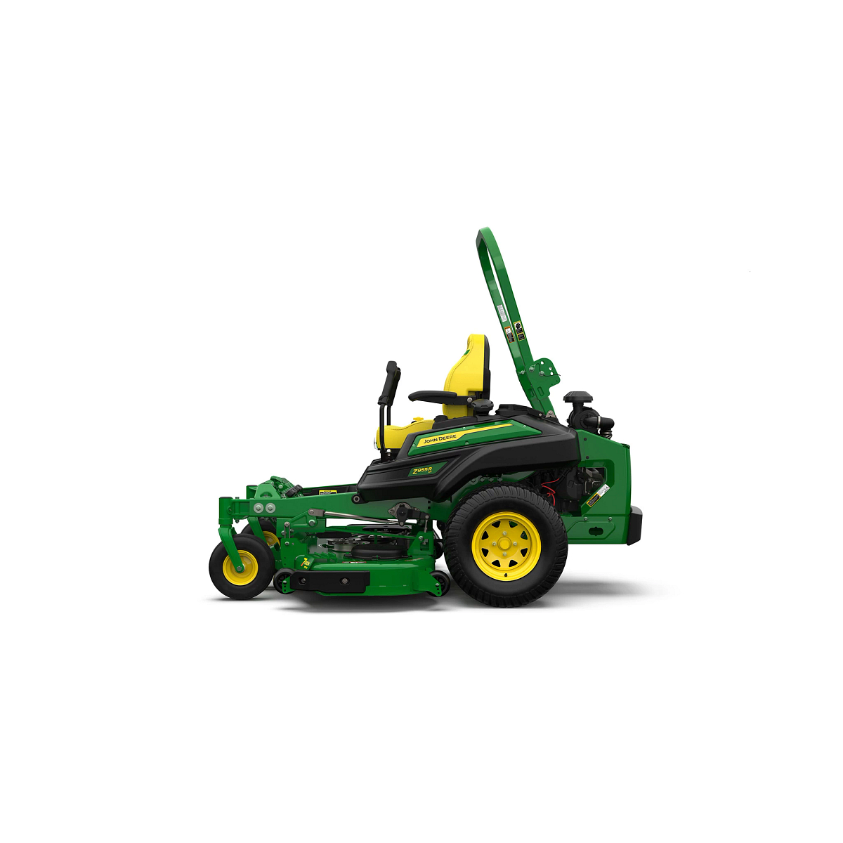 A left-facing studio shot of a green zero-turn mower with a yellow seat on a white background.