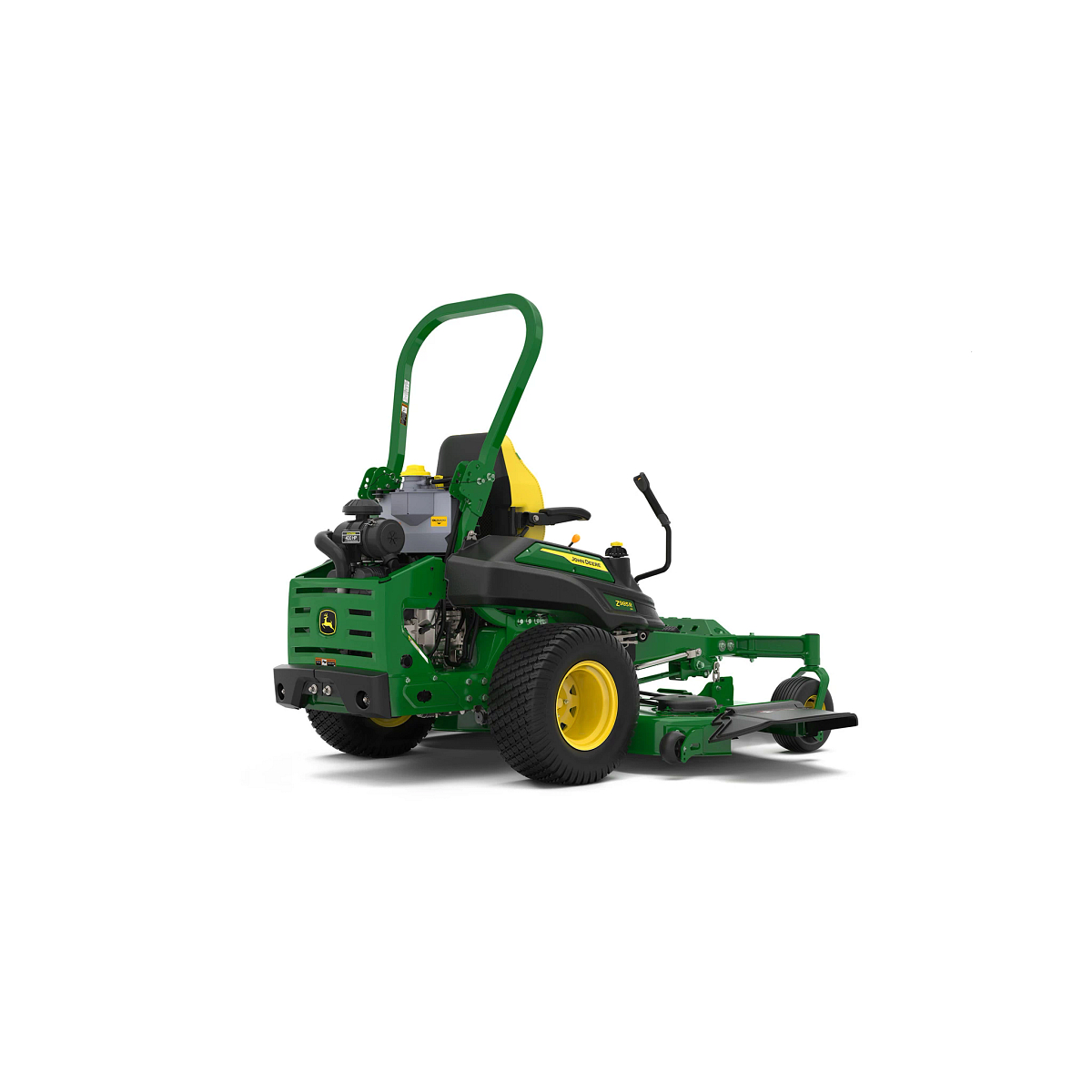 A rear-right-facing studio shot of a green zero-turn mower with a yellow seat on a white background.