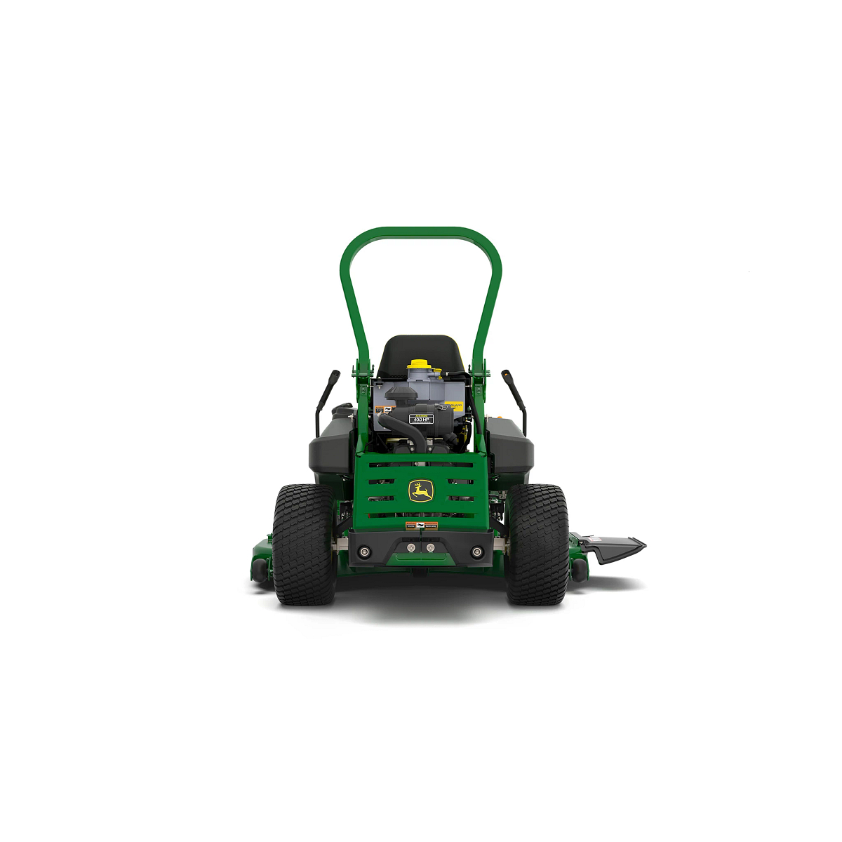 A rear-facing studio shot of a green zero-turn mower with a yellow seat on a white background.
