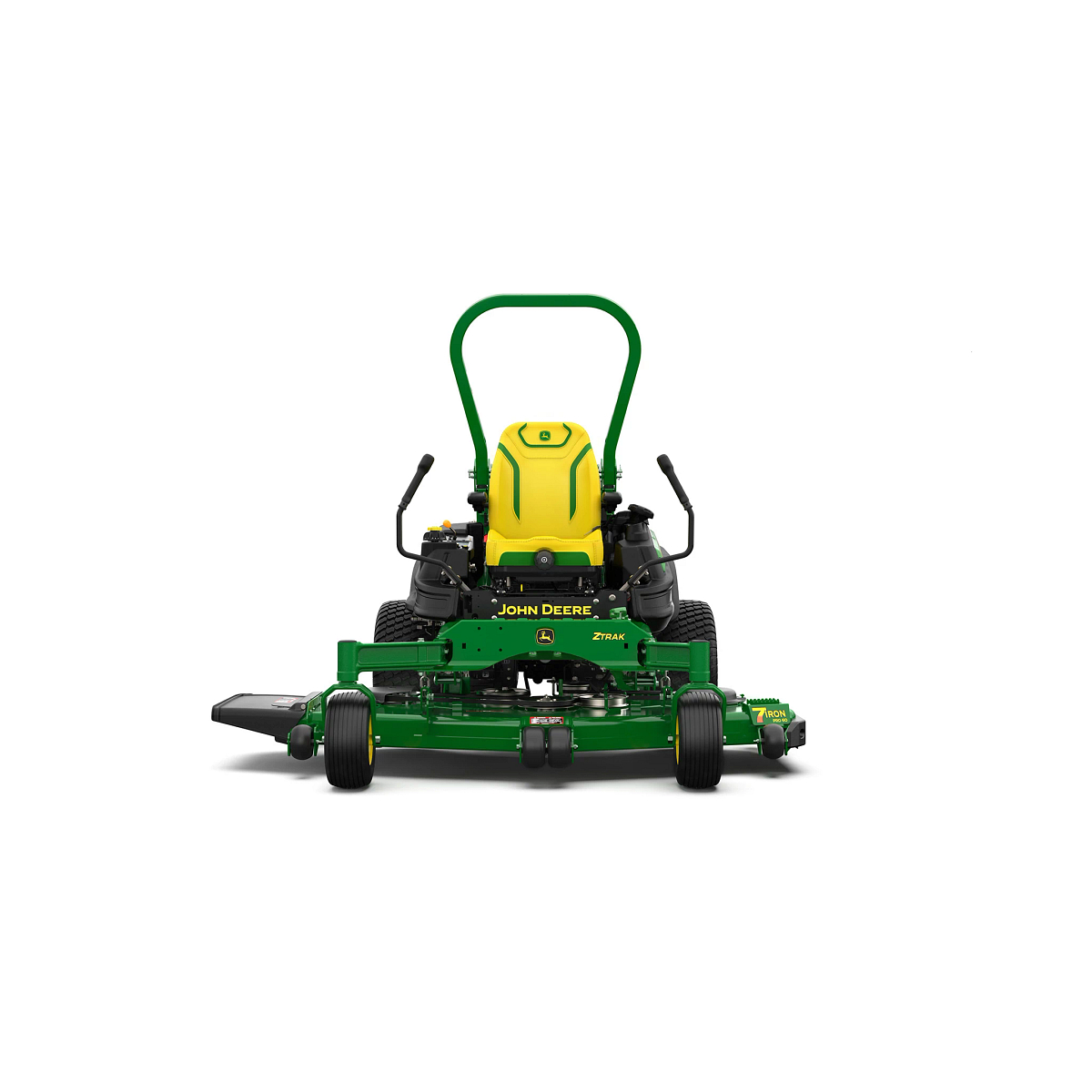 A front-facing studio shot of a green zero-turn mower with a yellow seat on a white background.