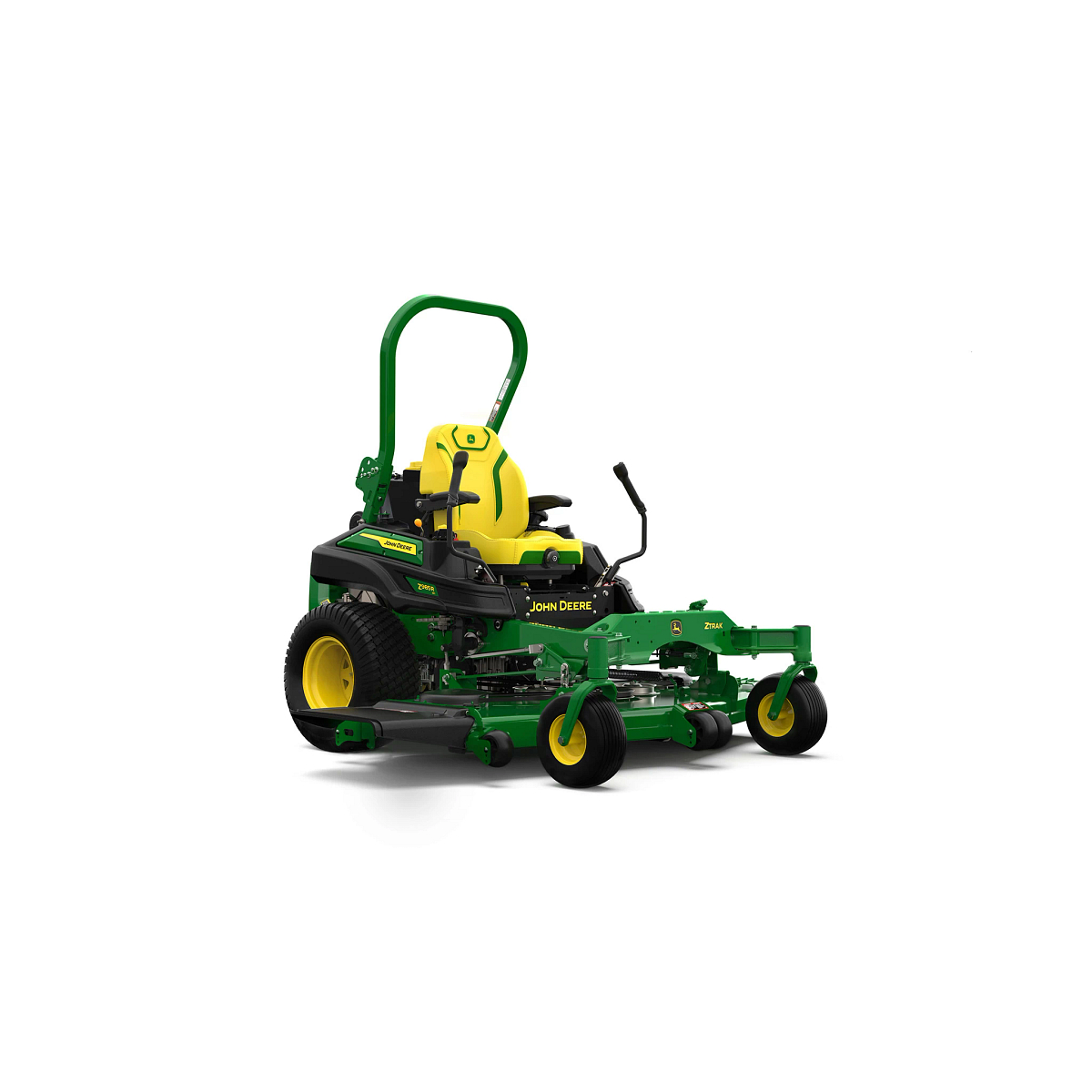 A front-right-facing studio shot of a green zero-turn mower with a yellow seat on a white background.
