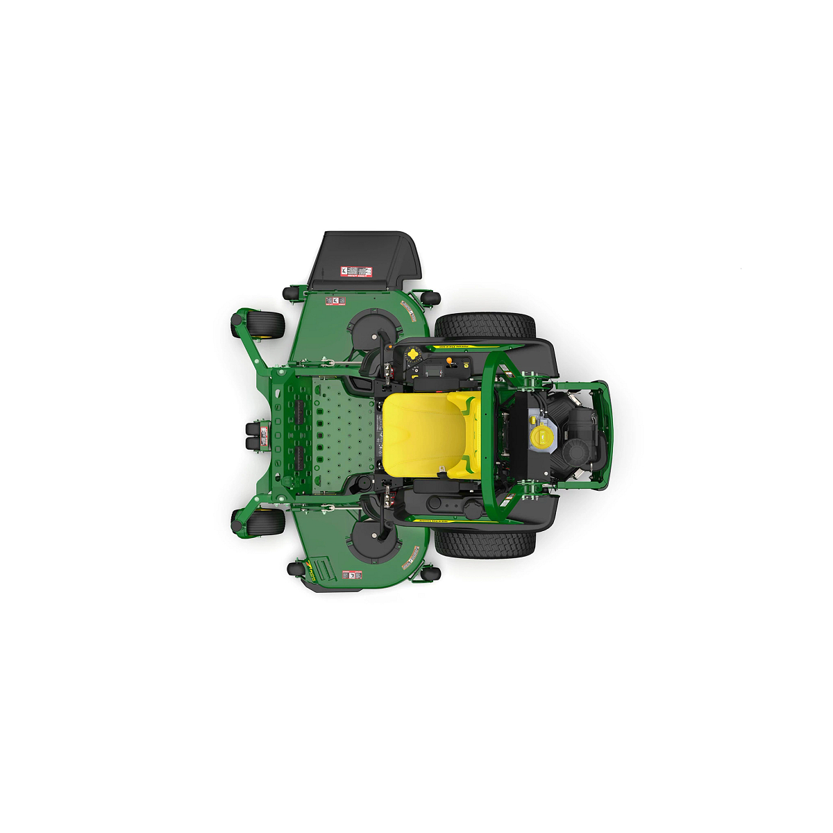 A top-down-facing studio shot of a green zero-turn mower with a yellow seat on a white background.