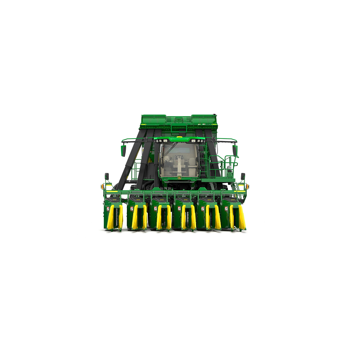 Green CP770 cotton picker with a multi-row yellow crop header, shown from the front on a white background.