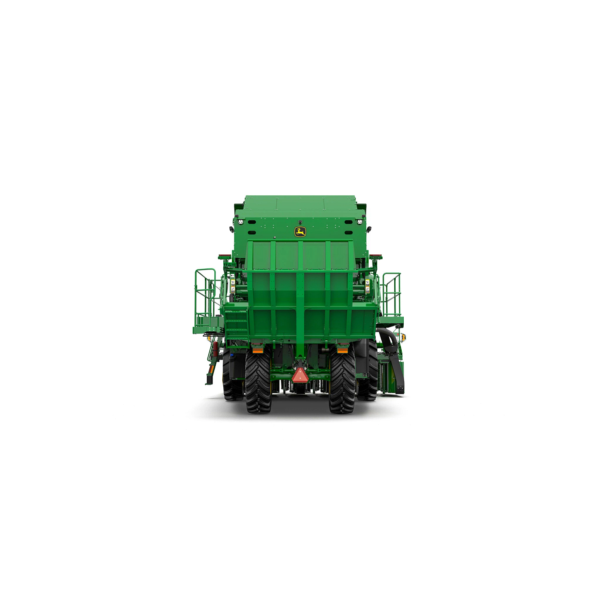 Rear studio view of a CP770 Cotton Picker with large tires, rear access platforms, and a high-capacity storage bin, shown on a white background.