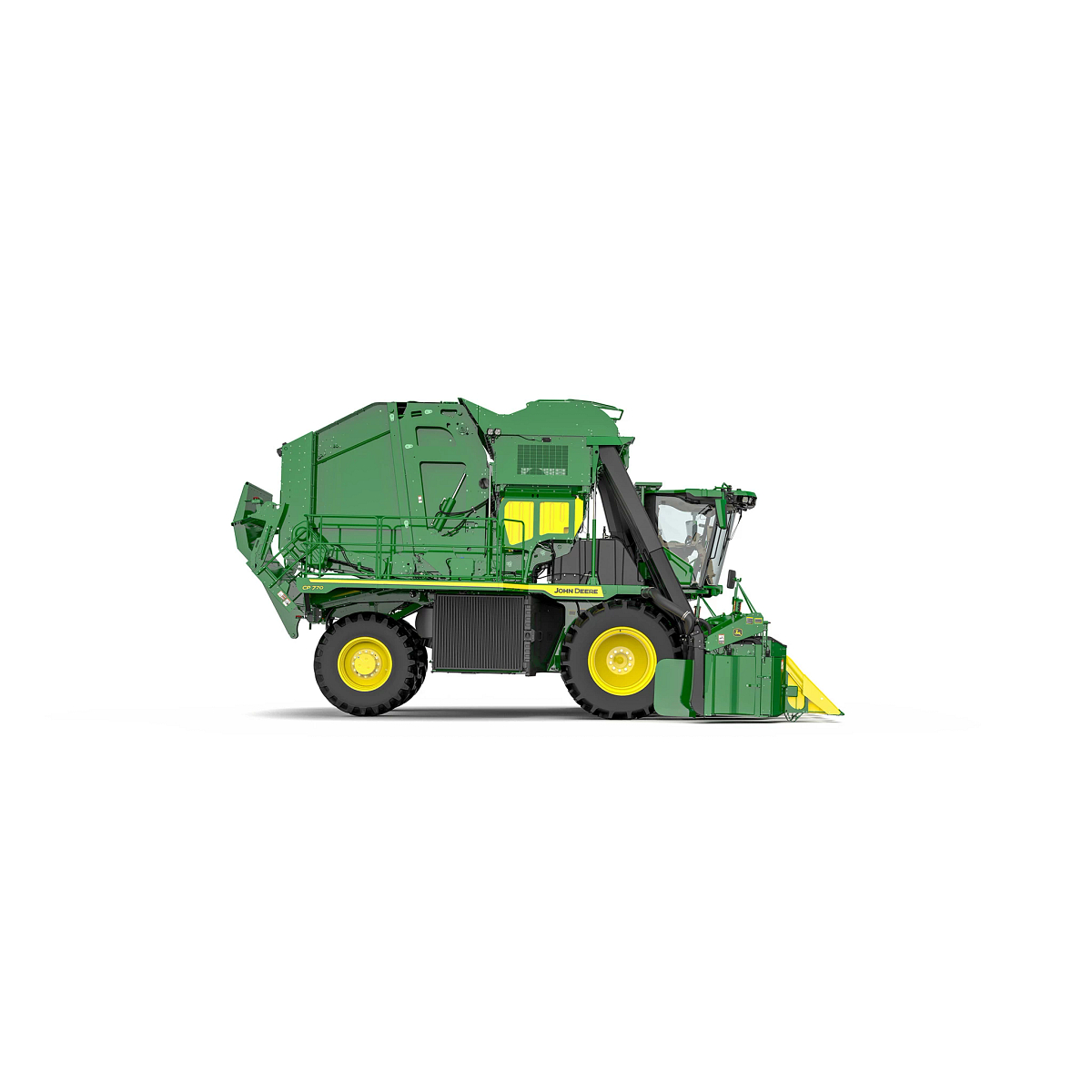 Side right studio view of a CP770 Cotton Picker with yellow wheels and a front-mounted crop header, shown on a white background.