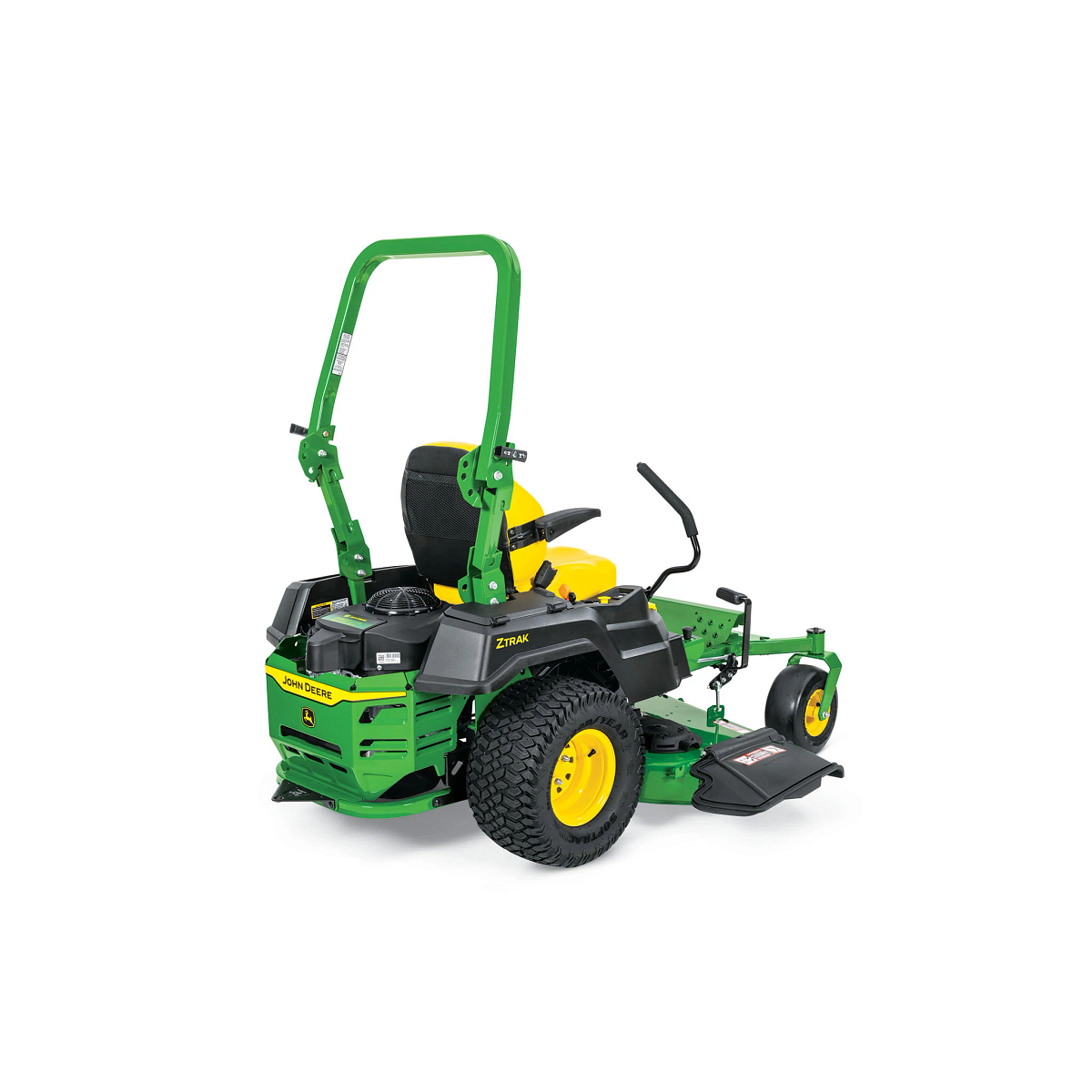 A rear-right-facing studio shot of a green zero-turn mower on a white background.