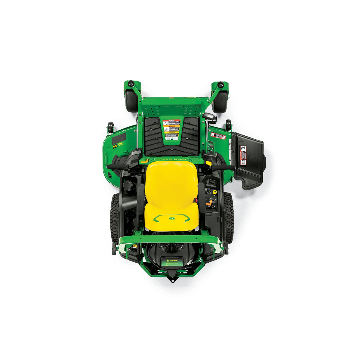A top-down-facing studio shot of a green zero-turn mower on a white background.