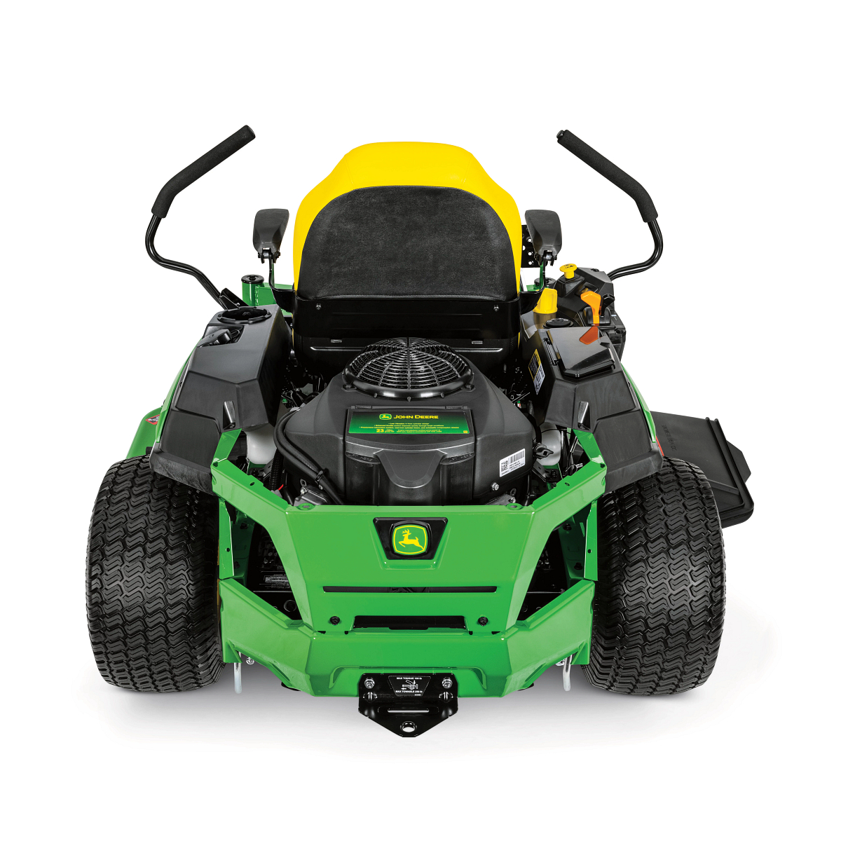 Front view of a green and yellow zero-turn riding lawn mower with large rear tires, dual steering levers, a black seat, and an exposed engine compartment, isolated on a light gray background.
