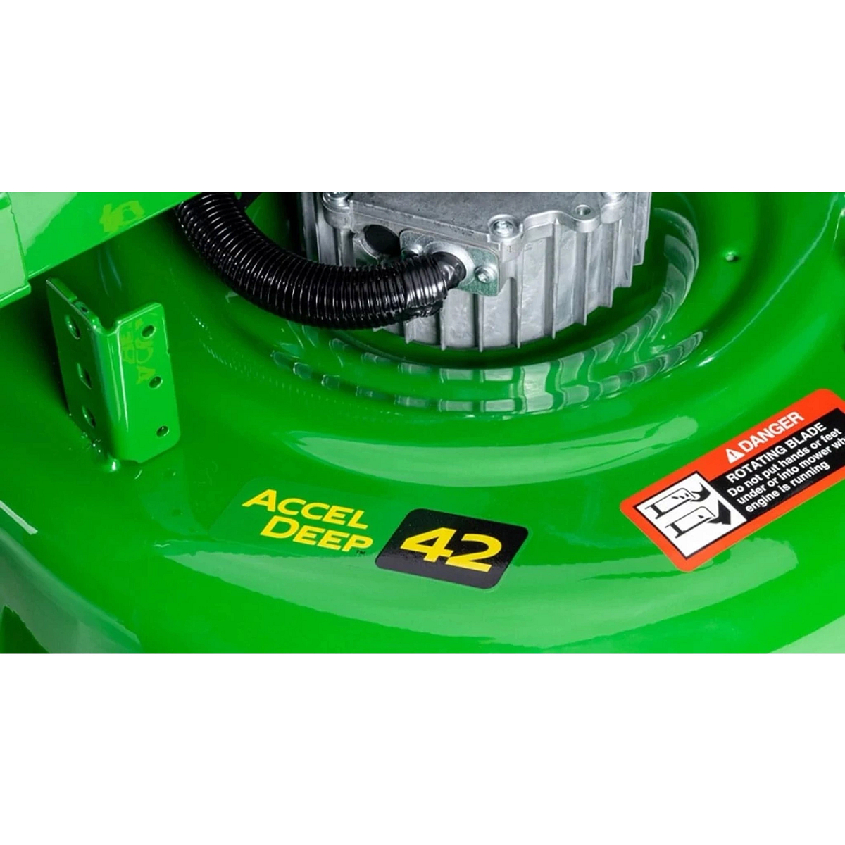 Closeup of a 42 inch Accel Deep mower deck
