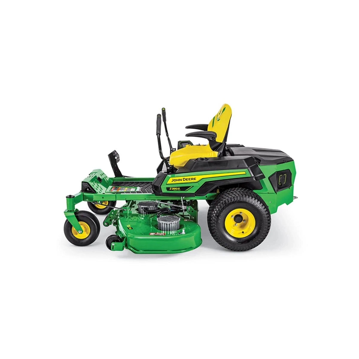 John Deere Z300R zero-turn riding mower with a green cutting deck, yellow seat, and black controls, shown in a left side view on a white background