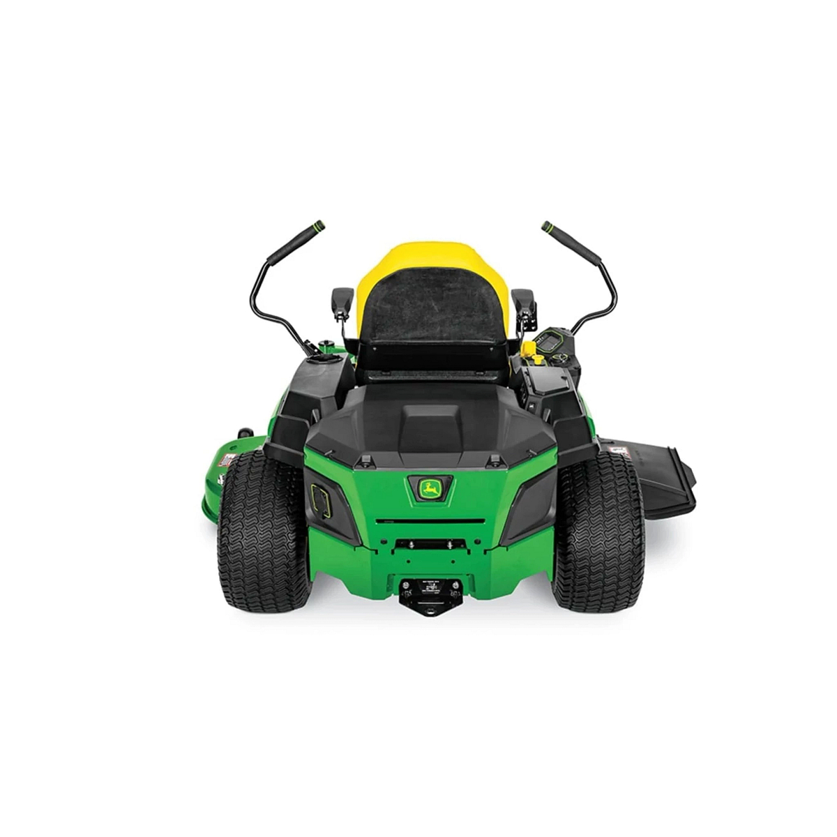 Rear view of a John Deere zero-turn riding mower with a yellow seat, dual steering levers, wide rear tires, and mower deck partially visible, shown on a white background