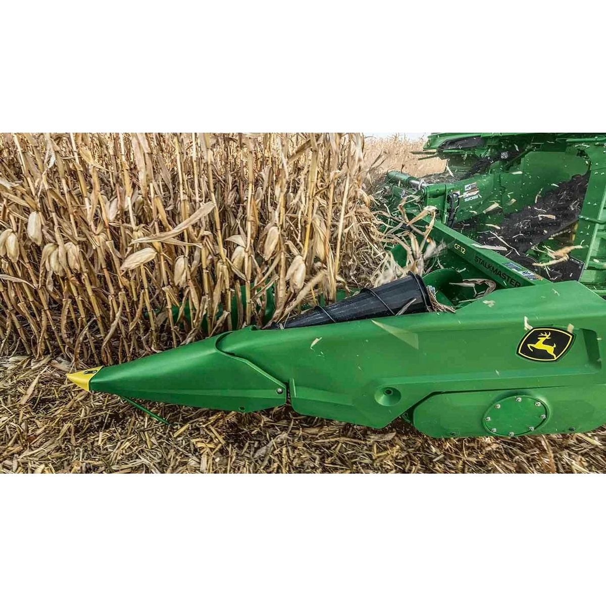 Closeup of a corn head harvesting corn