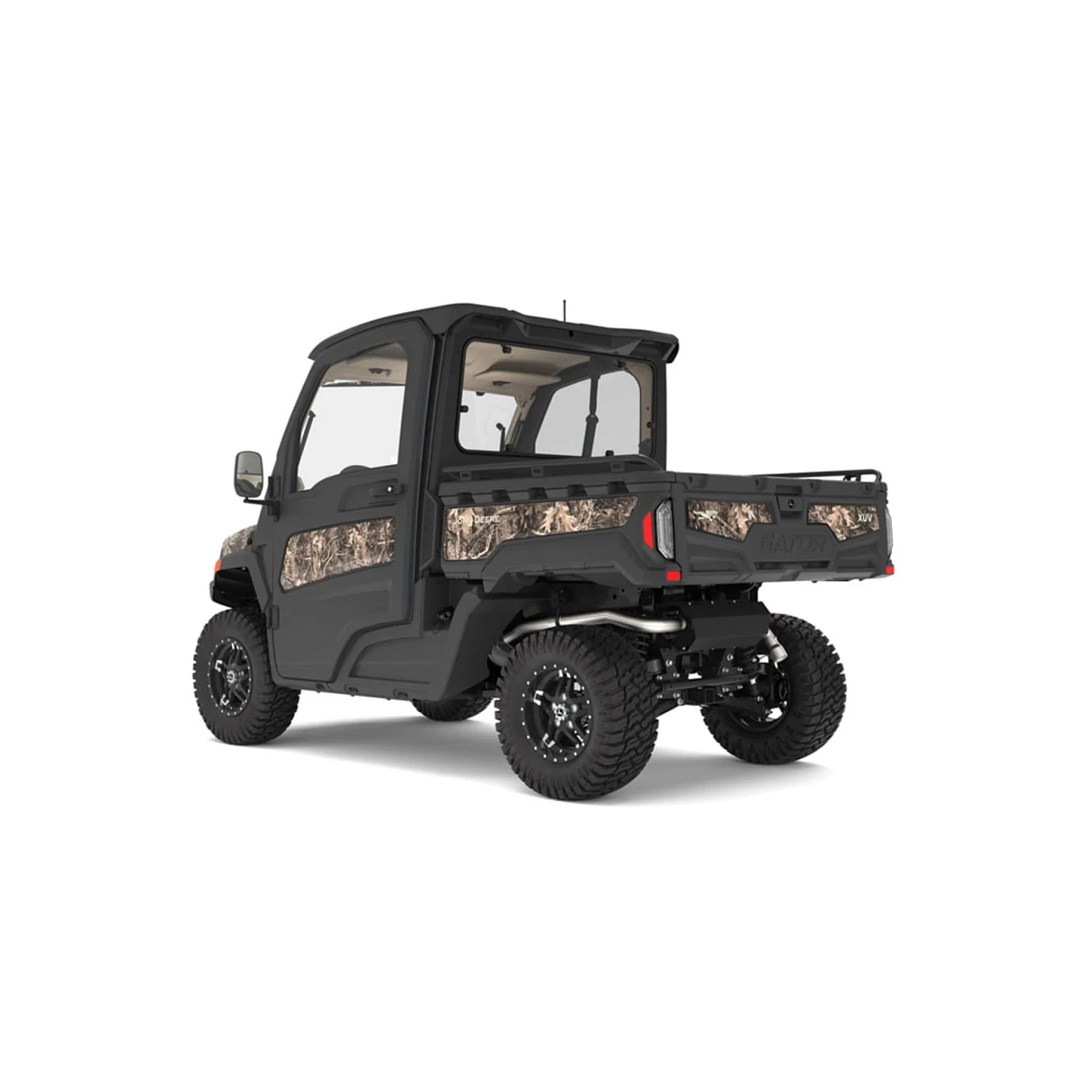Rear left studio view of XUV 845R Premium Cab in camo