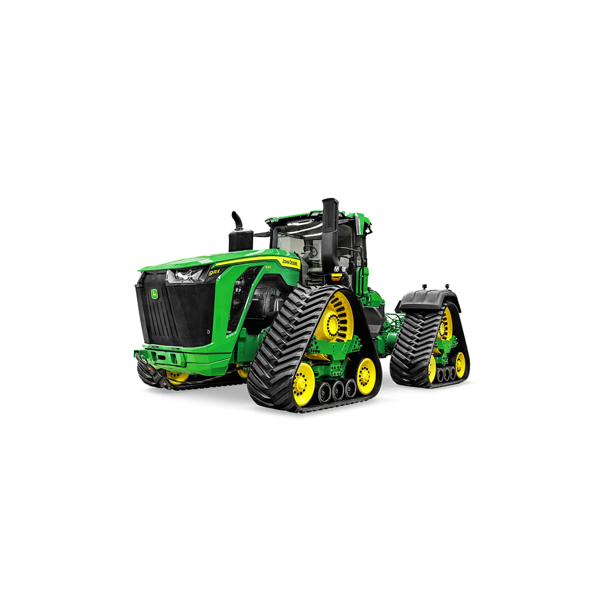 John Deere 9RX four‑track tractor shown from a front‑right angle on a white background, featuring independent rubber tracks and a full cab