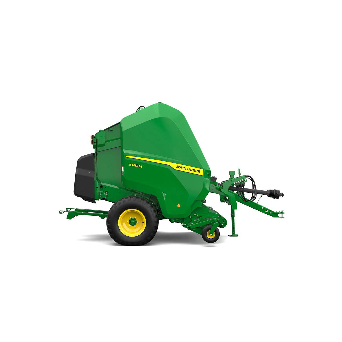 Studio rendering of V452M round baler shown in right-side profile on a white background, featuring a green body, yellow wheel, enclosed bale chamber, pickup assembly, PTO driveline, hydraulic hoses, and front support stand