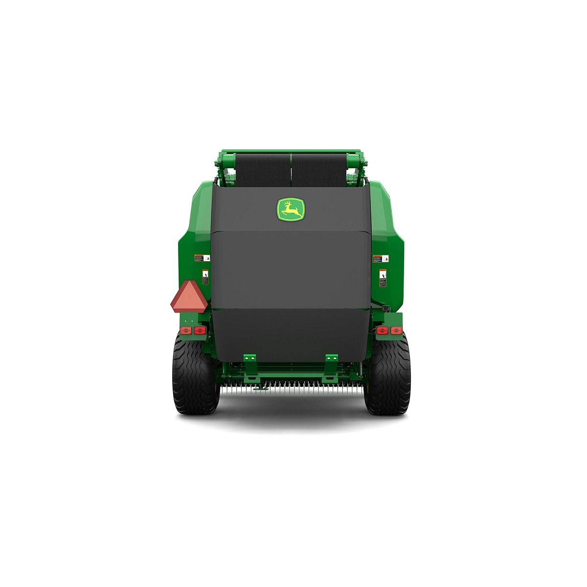 Studio rendering of V462R round baler shown from the rear on a white background, featuring a green body, large black tires, rear cover with John Deere logo, safety reflector, rear lights, warning decals, and visible bale chamber belts