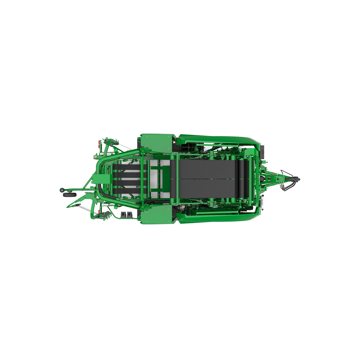 Studio rendering of C462R baler top-down view on a white background, showing the integrated wrapping system, bale chamber belts, tow hitch, hydraulic components, machine frame, and overall equipment layout
