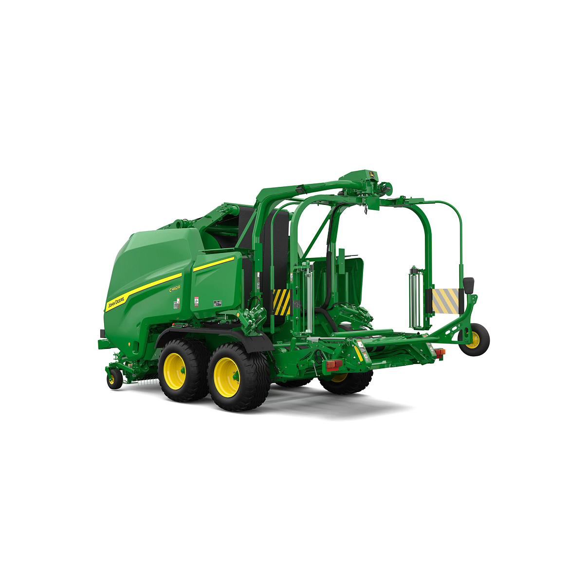 Studio rendering of C462R baler shown from a rear three-quarter angle on a white background, featuring a green body, yellow tandem wheels, open integrated wrapping system, bale transfer platform, safety markings, and pickup assembly