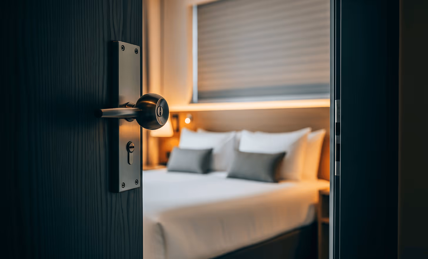 Porte entrouverte avec poignée métallique donnant sur une chambre d'hôtel moderne avec lit double et coussins.