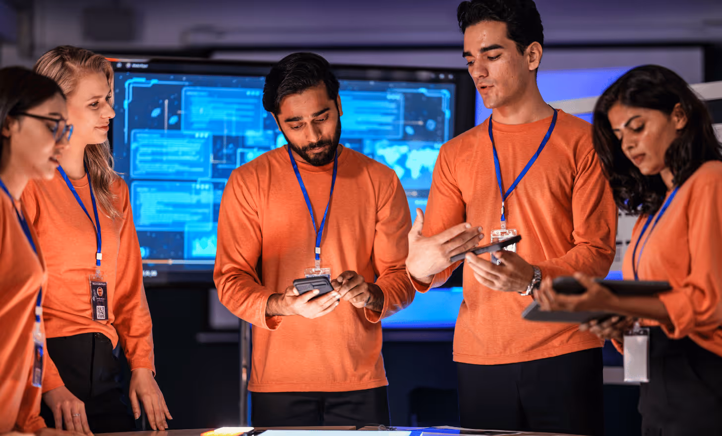 Cinq professionnels portant des chemises orange discutent autour d'une table avec des appareils électroniques et un écran lumineux en arrière-plan.