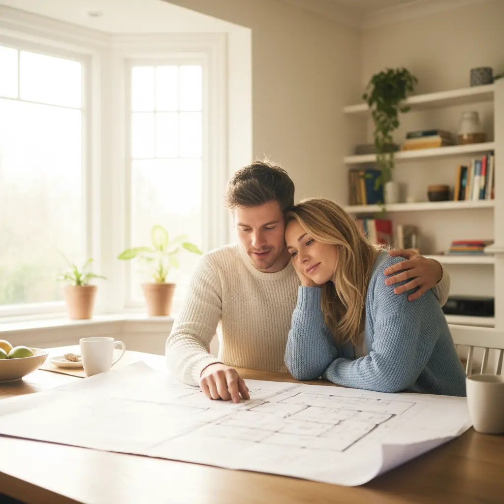 Woman with long brown hair wearing a sleeveless taupe blouse standing against a plain light background.