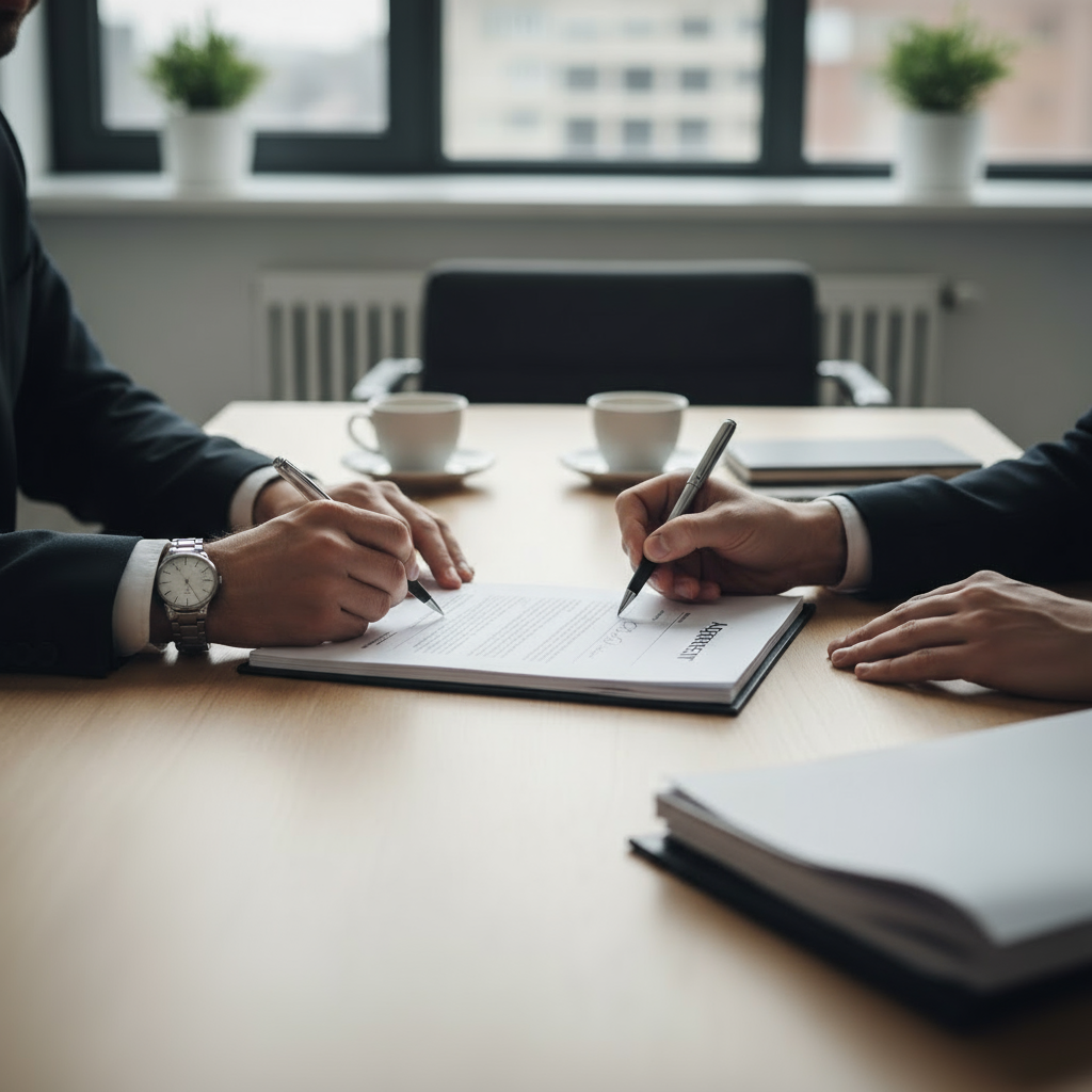 Two people in suits signing a contract document at a wooden table with two coffee cups and a folder in the background.