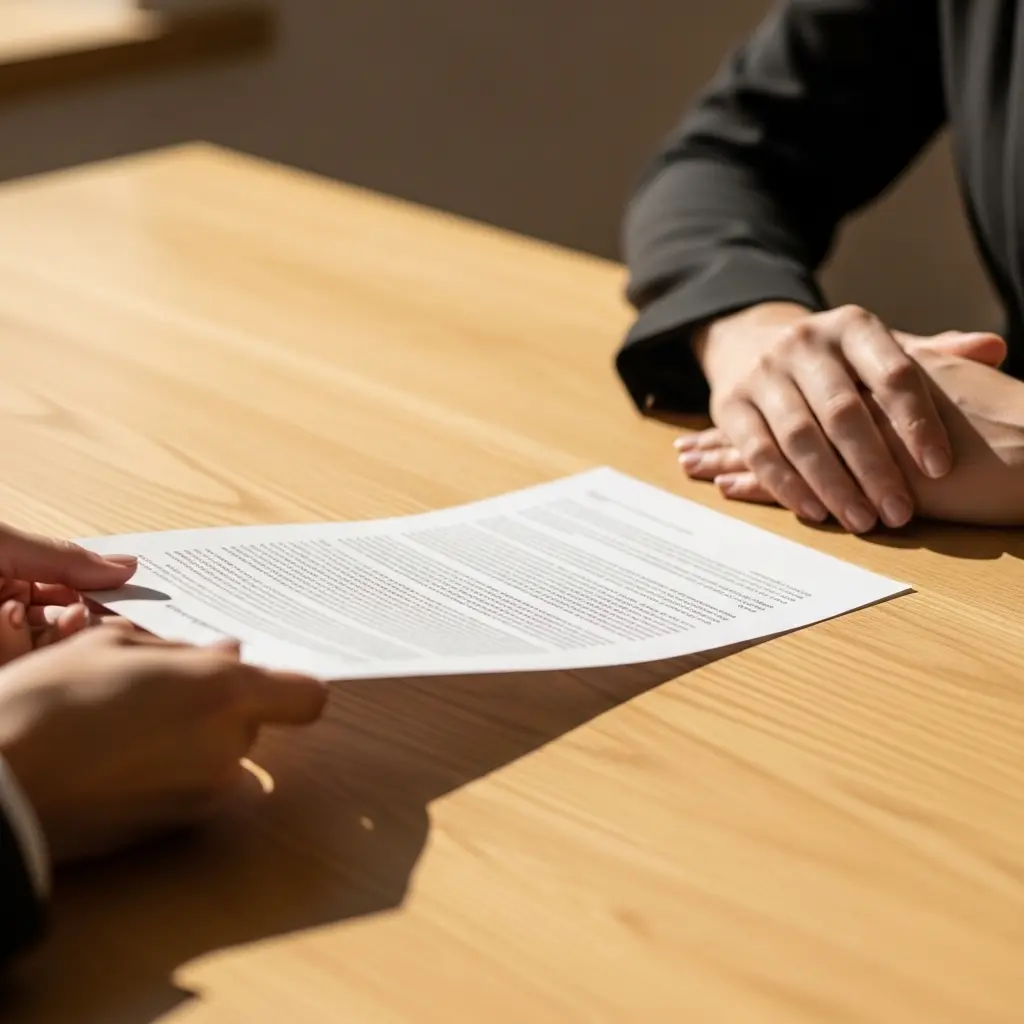 Two people at a wooden table, one holding a document with text, the other with hands clasped.