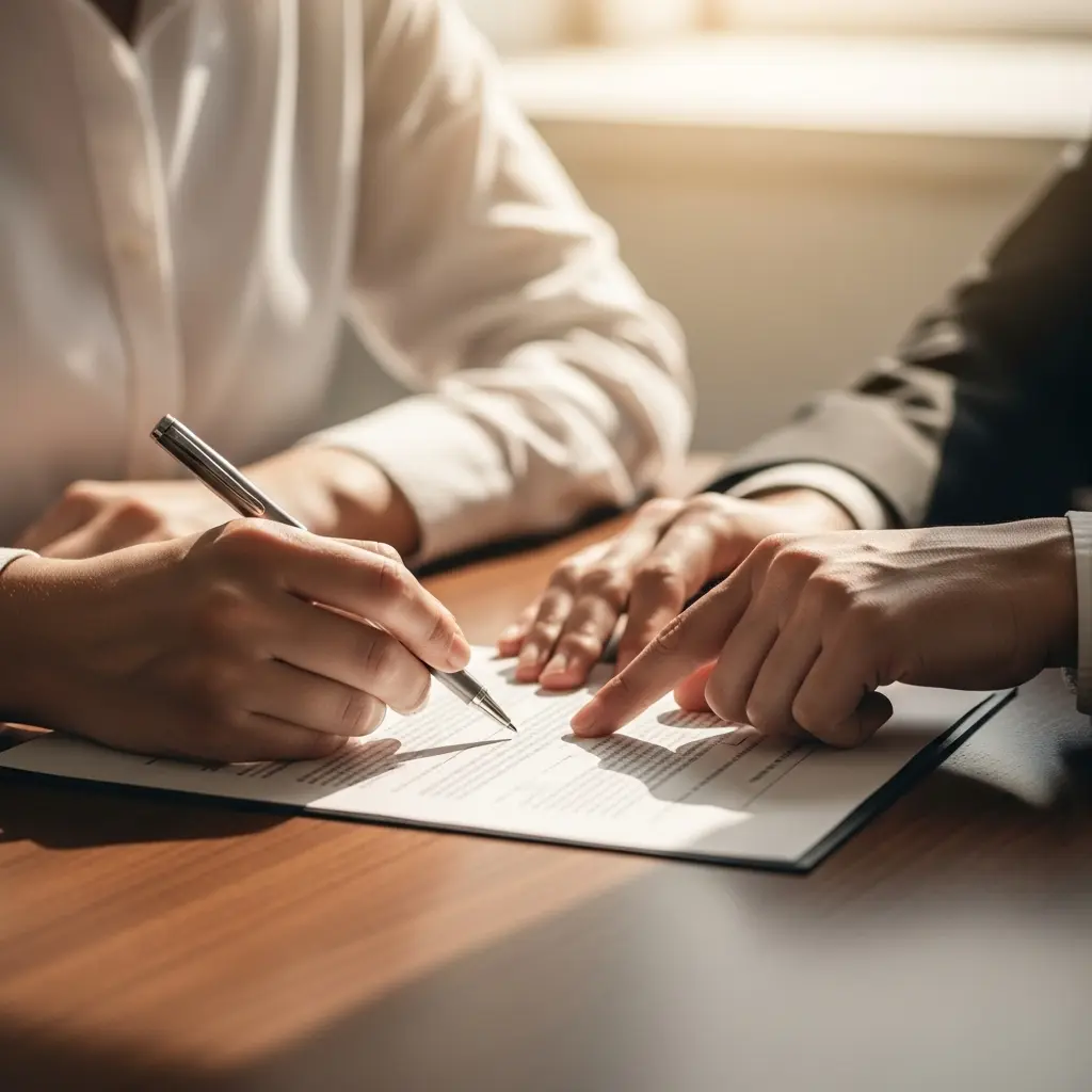 Two people reviewing and signing a document on a wooden table, one holding a pen and the other pointing at the text.