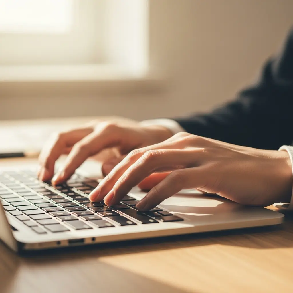 Close-up of hands typing on a laptop keyboard on a wooden desk with soft sunlight.
