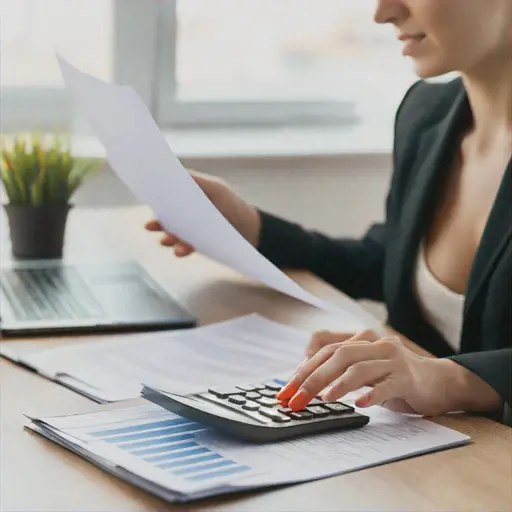 Businesswoman using a calculator and reviewing documents at a desk with a laptop and potted plant nearby.