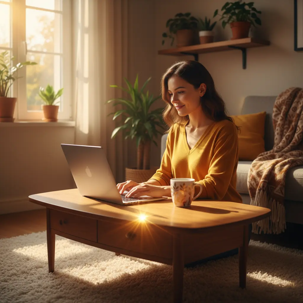 Woman in mustard sweater using a laptop at a wooden coffee table in a cozy living room with plants and soft natural light.